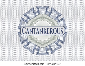 Blue and green rosette. Linear Illustration with text Cantankerous inside