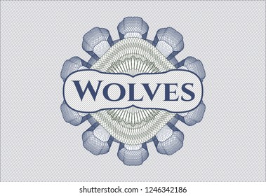 Blue and green rosette. Linear Illustration with text Wolves inside