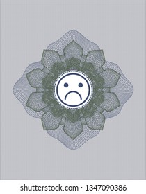 Blue and green rosette. Linear Illustration with sad face icon inside