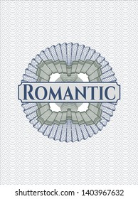 Blue and green rosette. Linear Illustration with text Romantic inside