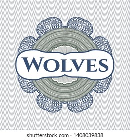 Blue and green rosette. Linear Illustration with text Wolves inside