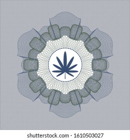 Blue and green rosette. Linear Illustration with weed leaf icon inside