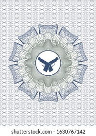 Blue and green rosette. Linear Illustration with crossed pistols icon inside