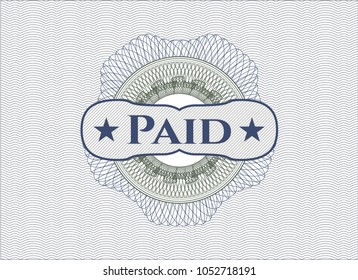 Blue and green rosette or money style emblem with text Paid inside