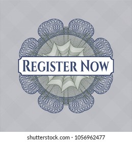 Blue and green rosette (money style emblem) with text Register Now inside