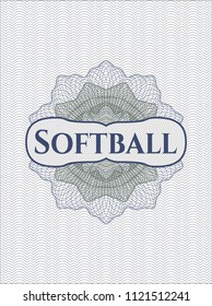 Blue and green rosette (money style emblem) with text Softball inside