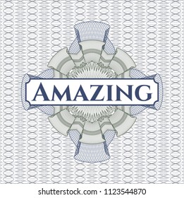 Blue and green rosette or money style emblem with text Amazing inside