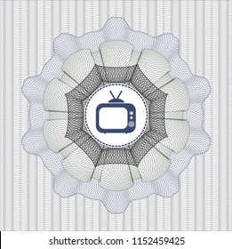 Blue and green rosette (money style emblem) with old tv, television icon inside