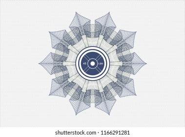 Blue and green rosette or money style emblem with weightlifting or powerlifting plate (45 lbs) icon inside