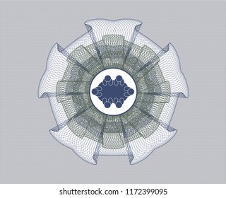 Blue and green rosette (money style emblem) with business meeting teamwork icon inside
