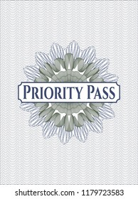 Blue and green rosette (money style emblem) with text Priority Pass inside