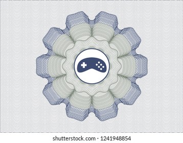Blue and green rosette (money style emblem) with video game icon inside