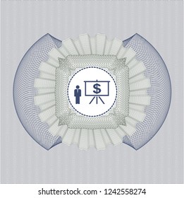 Blue and green rosette or money style emblem with business presentation icon inside