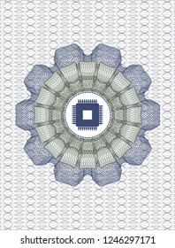 Blue and green rosette (money style emblem) with microchip, microprocessor icon inside