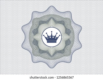 Blue and green rosette (money style emblem) with queen crown icon inside