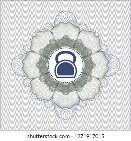 Blue and green rosette or money style emblem with kettlebell icon inside