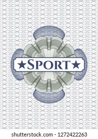 Blue and green rosette (money style emblem) with text Sport inside
