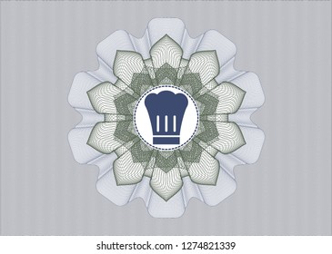 Blue and green rosette or money style emblem with chef hat icon inside