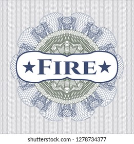 Blue and green rosette or money style emblem with text Fire inside