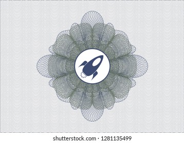 Blue and green rosette or money style emblem with rocket icon inside