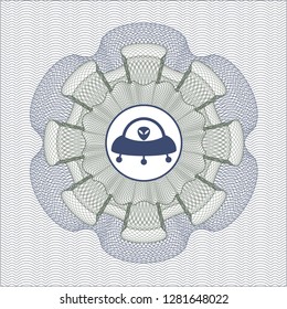 Blue and green rosette or money style emblem with ufo with aline inside icon inside
