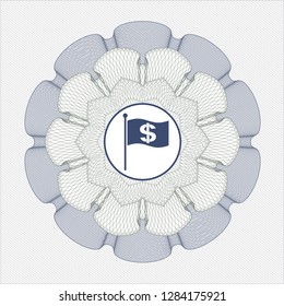 Blue and green rosette or money style emblem with flag with money symbol inside icon inside
