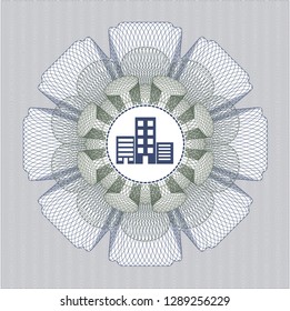 Blue and green rosette or money style emblem with buildings icon inside