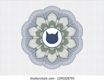 Blue and green rosette or money style emblem with cat face icon inside