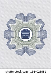 Blue and green rosette (money style emblem) with popcorn icon inside