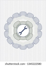 Blue and green rosette or money style emblem with wrench icon inside