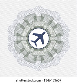 Blue and green rosette or money style emblem with plane icon inside