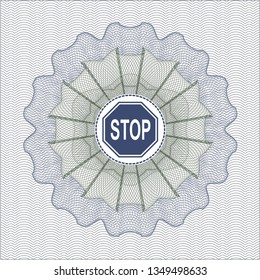 Blue and green rosette or money style emblem with stop icon inside