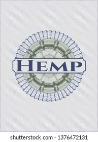 Blue and green rosette (money style emblem) with text Hemp inside
