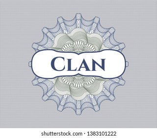 Blue and green rosette (money style emblem) with text Clan inside