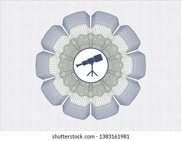 Blue and green rosette or money style emblem with telescope icon inside