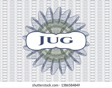 Blue and green rosette (money style emblem) with text Jug  inside