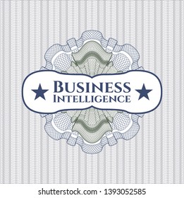 Blue and green rosette or money style emblem with text Business Intelligence inside