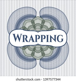 Blue and green rosette or money style emblem with text Wrapping inside
