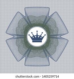 Blue and green rosette (money style emblem) with queen crown icon inside