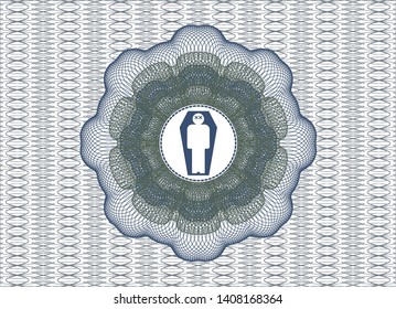 Blue and green rosette or money style emblem with dead man in his coffin icon inside