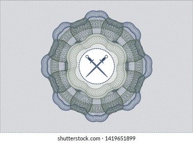 Blue and green rosette (money style emblem) with crossed swords icon inside