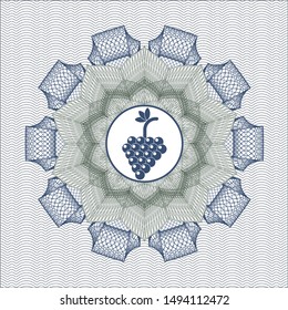 Blue and green rosette or money style emblem with bunch of grapes icon inside