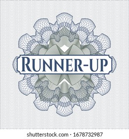 Blue and green rosette (money style emblem) with text Runner-up inside