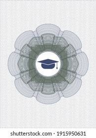 Blue and green rosette or money style emblem. with graduation cap icon inside