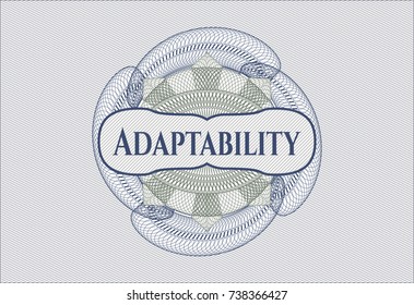 Blue and green rosette or money style emblem with text Adaptability inside