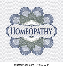 Blue and green rosette with text Homeopathy inside