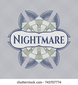 Blue and green rosette with text Nightmare inside