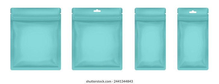 Blue green sachet or pouch. Vector zip bags mockup, foil packs. Cosmetics samples. Sheet face mask	