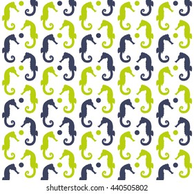 Blue and green sea horses pattern on the white background. Vector Illustration