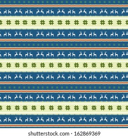 Blue And Green Seamless Christmas Knitted Striped Background With Deers, Lines And Abstract Rhombus Snowflakes. 